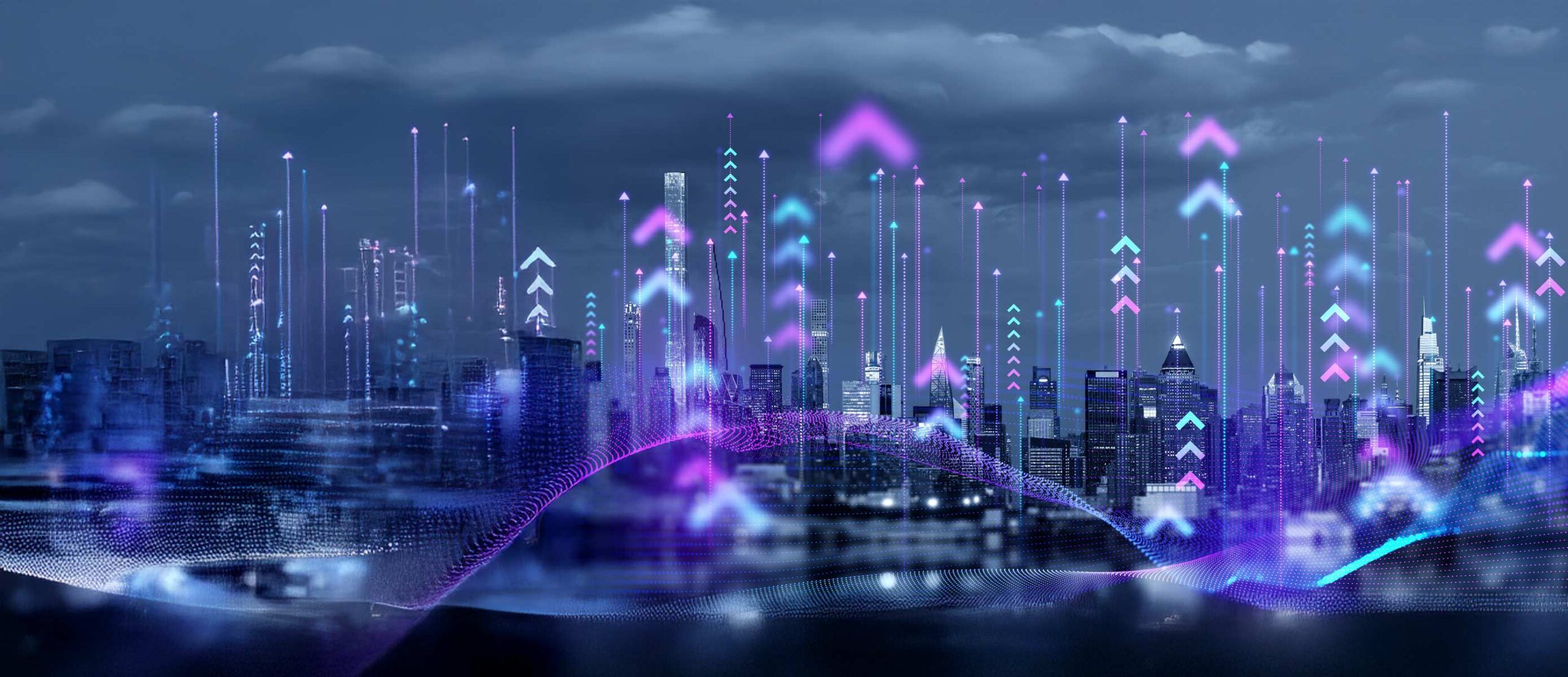A greyscale cityscape spans the background while abstract north-facing purple and blue chevrons are dotted across the foreground.
